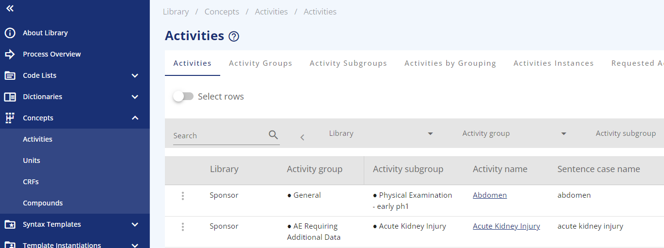 StudyBuilder view of activities